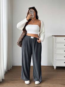 SHEIN EZwear Plus Size Women's High Waist Loose Fit Wide Leg Pants, Rose Red Corduroy Fabric With Pockets And Patch Design, Suitable For Campus, Daily Wear, And Indoor Work, Autumn/Winter Comfy Pants Gray Pants Corduroy Pants - Dark Grey - View 7