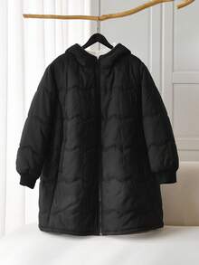 SHEIN CURVE+ Veste à capuche à zip avant manches longues pour femmes grande taille, porter décontracté au quotidien, doublure thermique épaisse pour l'hiver - Noir - Voir 1