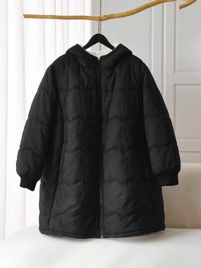 SHEIN CURVE+ 女式加大码前拉链长袖连帽夹克，休闲日常穿着，冬季厚保暖内衬