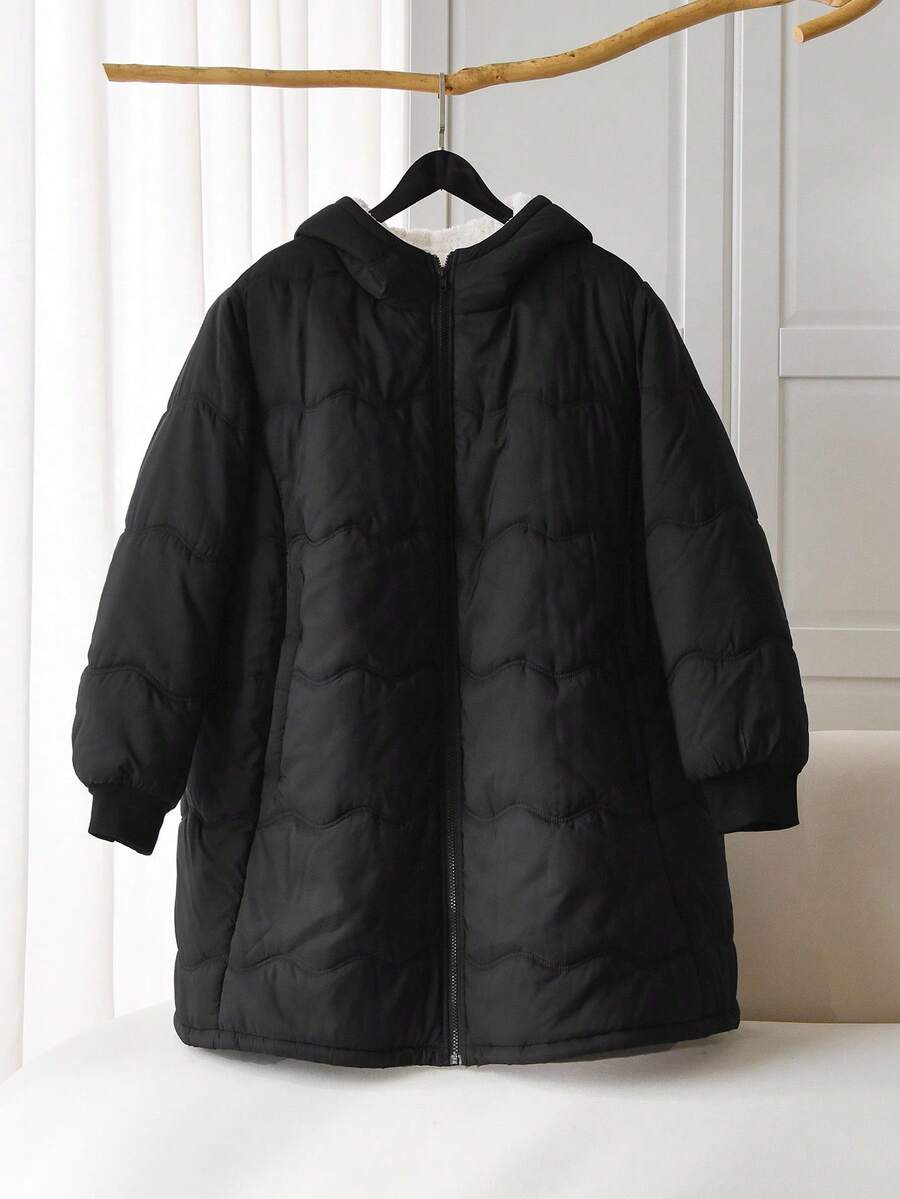 SHEIN CURVE+ Veste à capuche à zip avant manches longues pour femmes grande taille, porter décontracté au quotidien, doublure thermique épaisse pour l'hiver - Noir - Voir 1