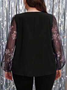 SHEIN LUNE 亮片印花大码宽松V领衬衫，黑色上衣，适合2025秋冬季圣诞节派对、新年感恩节等场合，时尚优雅衬衫 - 黑色 - 查看 2