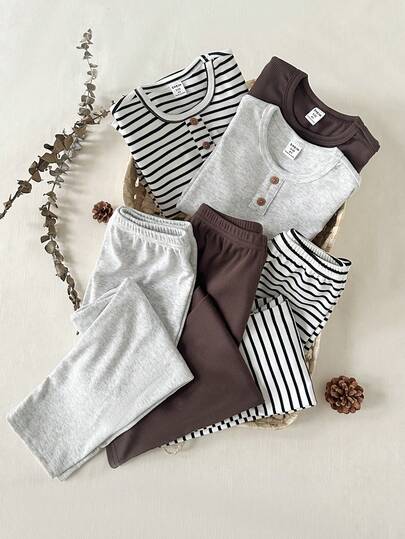 SHEIN 6件套幼儿男童休闲纯色条纹罗纹前开襟纽扣装饰长袖上衣和松紧腰裤套装，柔软舒适，适合秋冬季节日常穿着。