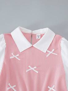 Genkimix Kids 女童休闲衬衫套装，卡其色蝴蝶结设计，串珠针织罗纹面料，白色长袖荷叶边衬衫上衣搭配卡其色珍珠喇叭裤，两件套，适合返校、休闲、时尚、甜美、舒适，也适合户外旅行。 - 粉色 - 查看 4