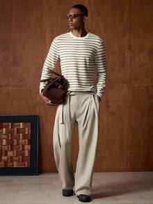 AKNOTIC 男士条纹圆领休闲百搭长袖T恤 - 杏色 - 查看 5