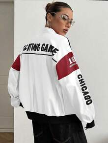 SHEIN PETITE Letter Print Contrast Color Drop Shoulder Lightweight Jacket For New Year - White - View 2