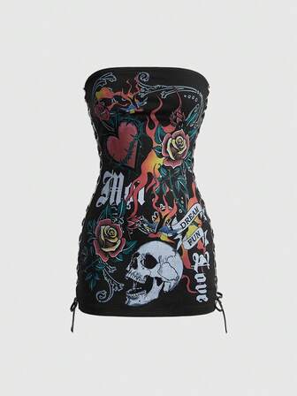 ROMWE Avant Y2K Retro Babe Skeleton Heart Flame Text Print Cropped Bodycon Mini Dress