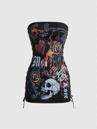 ROMWE Avant Y2K Retro Babe Skeleton Heart Flame Text Print Cropped Bodycon Mini Dress