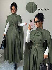 Elenzga Stand Collar Cape, Long Flowing Elegant French Sophisticated Pleated Flared Hem Oversized English Style Commuter Slimming Outerwear, Suitable For Formal Occasions