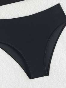 SHEIN Swim Women's Solid Color Sexy Bikini Swimsuit Set, Summer Beach - Black - View 4