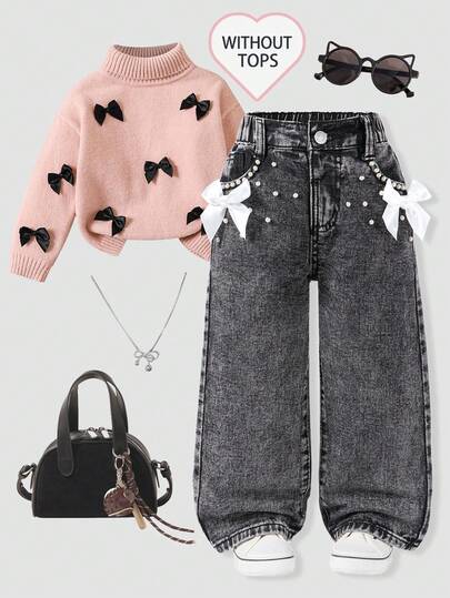 Elladie kids Vida jeans för flickor, söt och cool street fashion-design, rekommenderas för skolstartssäsongen. Vit 3D-rosett- och pärldesign, resår i midjan för komfort, knappar fram för enkel användning. Lös passform, lämplig för utflykter, dejter, vardagskläder, strandsemestrar, vardagliga sammankomster. Ett trendigt denimplagg för året runt.