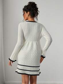 SHEIN Women's Fitted V-Neck Rhinestone Bow Contrast Color Design Elegant Date Night Long Sleeve Pullover Maternity Sweater Dress - Black and White - View 7
