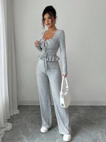 SHEIN PETITE 2件組灰色秋季優雅早午餐女裝時尚刷毛羅紋荷葉邊前綁帶長袖T恤與鬆緊腰寬腿褲套裝，適合嬌小女性 - 灰色 - 查看 5