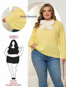 SHEIN CURVE+ Plus Size Women's Round Neck Hollow-Out Knit Top With Sheer Back Bow Decor Plus Size Pullover Sweater, Yellow/Winter - Yellow - View 7