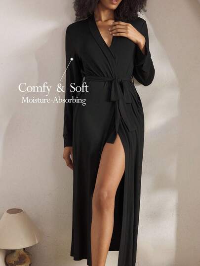 Ocili Bekväm, slät morgonrock, extra lång dammorgonrock, elegant höstsömn, mysig outfit långärmad morgonrock dammorgonrock svart morgonrock för kvinnor, höst och vinter