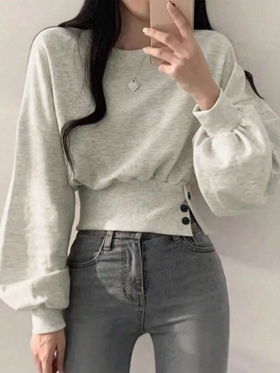 INAWLY Women's Solid Color Round Neck Drop Shoulder Long Sleeve Cinched Waist Casual Sweatshirt,Graduation,Teacher,Back To School Pullover Fall - Light Grey - View 1