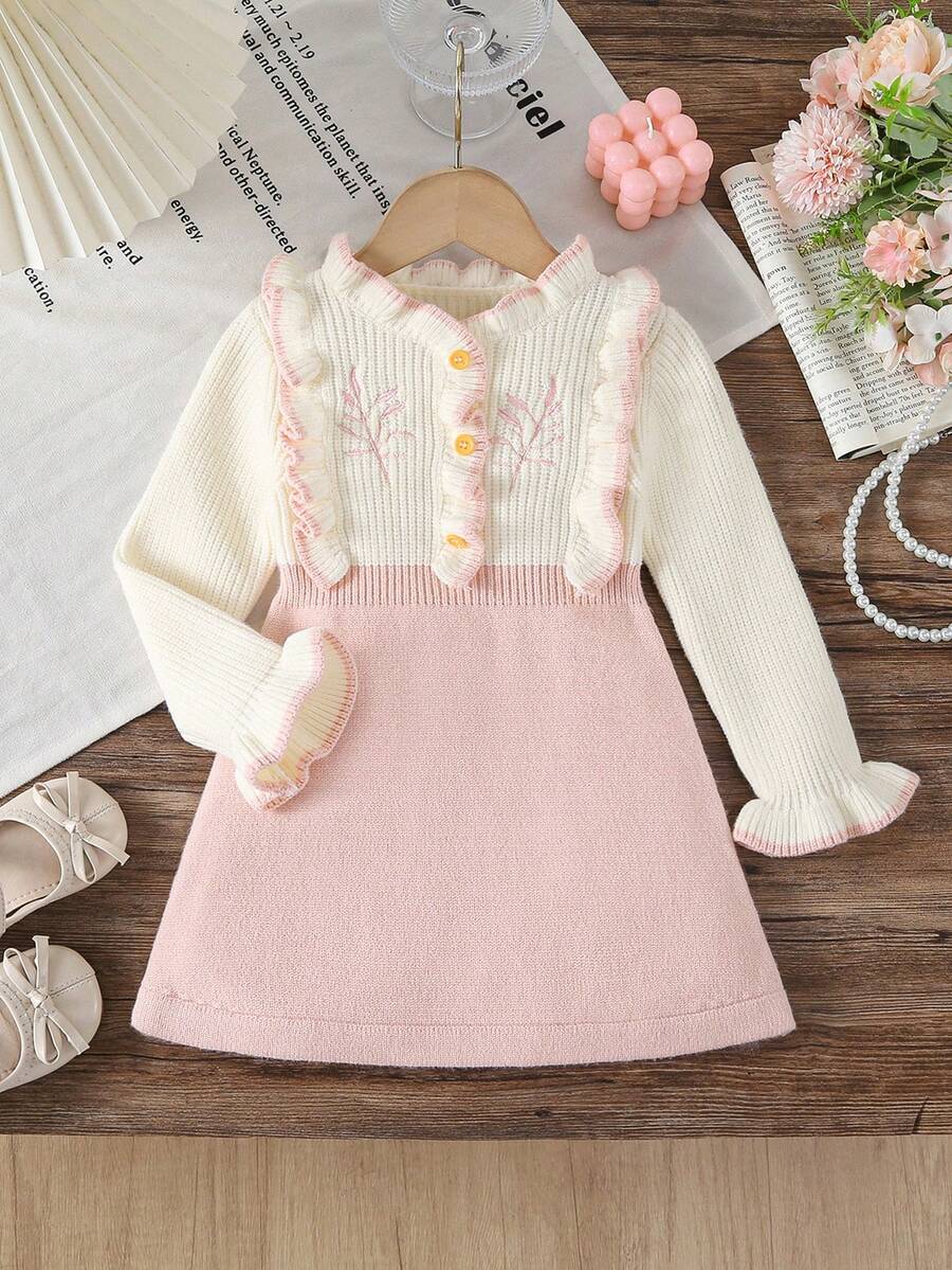 SHEIN Vintaside Kids 女婴针织长袖毛衣连衣裙,秋冬季舒适保暖,米色、粉色、浅色系,百搭优雅,刺绣荷叶边设计,时尚百搭,适合上学、日常穿着、居家、户外、旅行等场合。 - 彩色 - 查看 1
