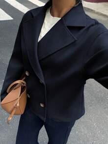 Flirla Apricot Lapel Collar, Double-Breasted Button, Pockets, Long Sleeve, Short Coat, Fashion, Commute, Office, Casual, Elegant, Retro, Academic, Daily, Date, Women, Autumn/Winter - Navy Blue - View 5