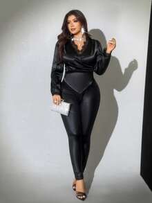 Viva Relle Áo cánh tay dài ren gợi cảm ôm vừa vặn cỡ lớn độc đáo - màu đen - Xem 3