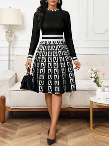 SHEIN Lady 女士几何印花圆领长袖优雅中长连衣裙 - 黑與白 - 查看 3