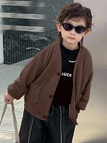 Dazy Kids Toddler Boys' Loose V-Neck Cardigan Jacket, Casual Textured Fabric, Autumn - Coffee Brown - View 2