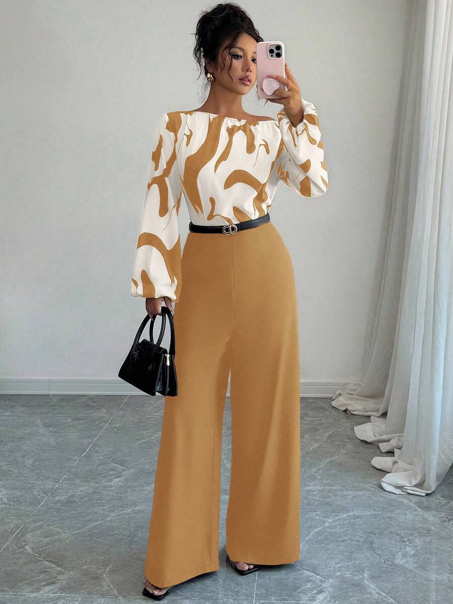 Elenzga Women's Printed Patchwork Waist Wide Leg Jumpsuit, Elegant Silhouette For Daily Commute And Versatile Wear - Khaki - View 1