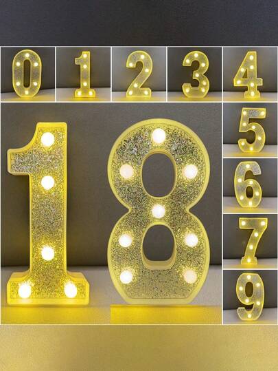 1 Set 1-100 Years Old LED Silver Glitter Birthday Number Light, Engagement/Wedding/Anniversary Number Lamp, Birthday Party Decor Lighting
