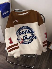 LOONEY TUNES X SHEIN Plus Size Casual Sports Cartoon And Letter Graphic Colorblock Crew Neck Sweatshirt