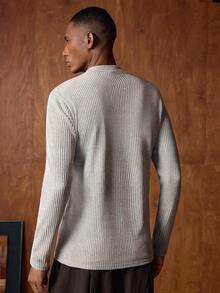 AKNOTIC Solid Color Stand Collar Casual Ribbed Long Sleeve T-Shirt - Apricot - View 4