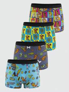 SCOOBY-DOO X SHEIN 4pcs/Pack Tween Boy Checkered & Cartoon Pattern Boxer Briefs