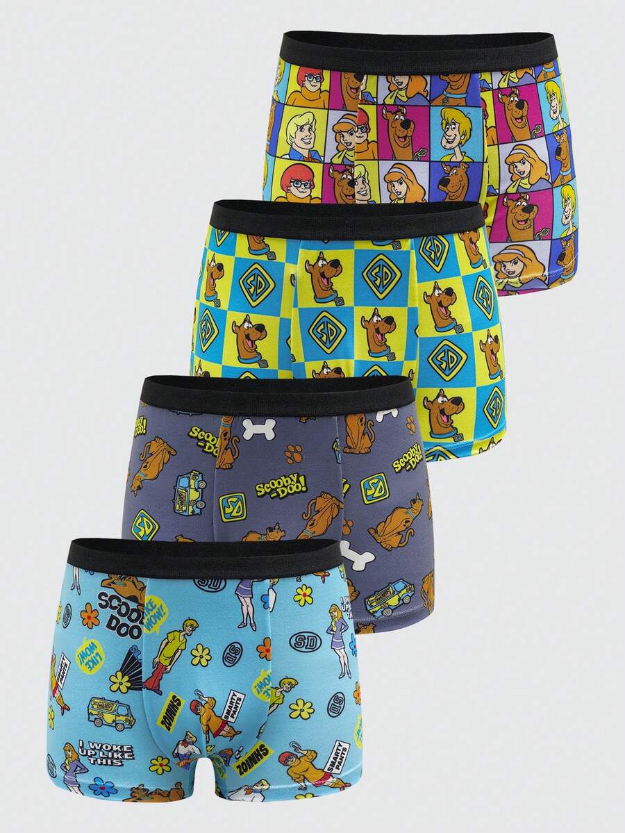 SCOOBY-DOO X SHEIN 4pcs/Pack Tween Boy Checkered & Cartoon Pattern Boxer Briefs