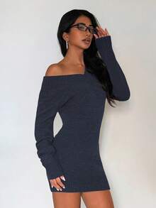SHEIN Unity 秋冬女式V领针织修身毛衣裙 - 藏蓝色 - 查看 7