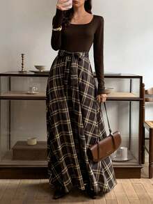 Elyressa Women's Fashion French Square Collar Elegant Urban Commute Long Sleeve Knit Patchwork Plaid Back-To-School Christmas Halloween Holiday Casual Daily Elegant Dress, Autumn/Winter, All Season