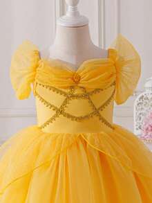 SHEIN Glamorique Kids 女童公主裙，黄色网纱公主裙，吊带网纱金色丝带，适合所有季节，生日派对，婚礼，节日礼服 - 黃色 - 查看 4