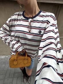 DAZY Women's Striped Round Neck Drop Shoulder Long Sleeve Casual Loose T-Shirt - Multicolor - View 1