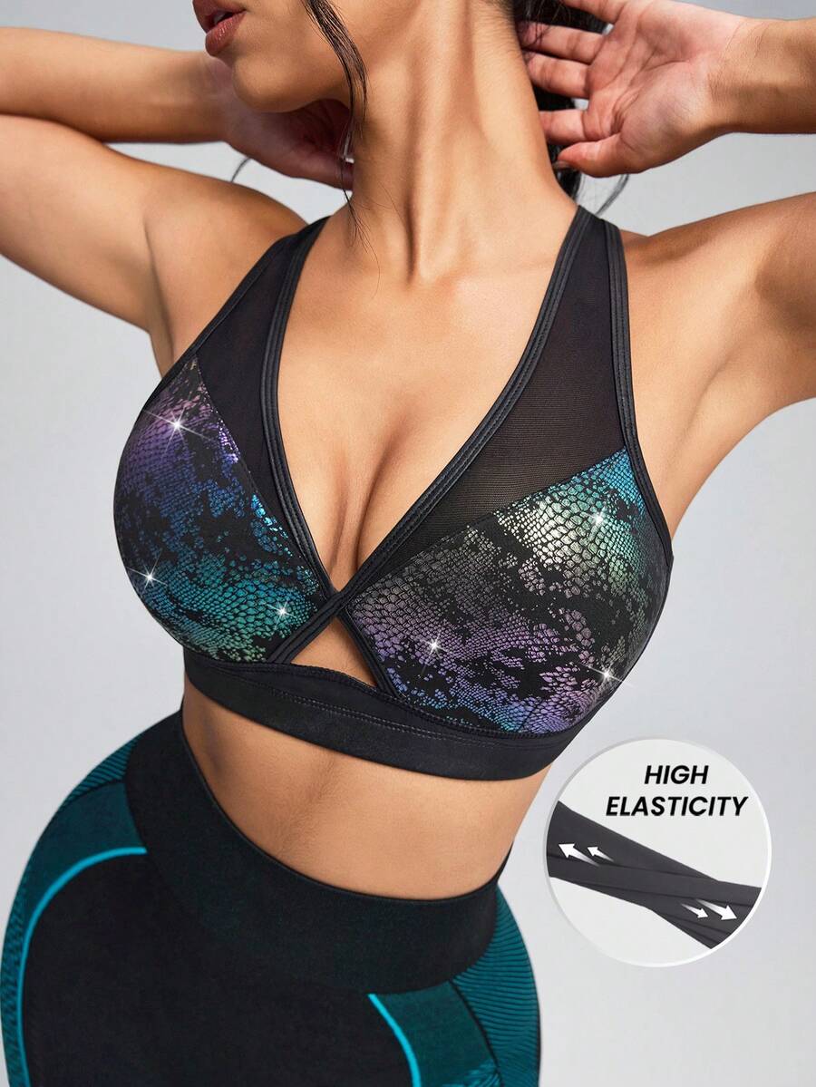 Innovista Women's Snakeskin Mesh Patchwork Metallic Sports Bra,Black Summer Athleisure Gym Crop Tank Top, High-Elasticity Shimmering Fitness Wear With Pads - Black - View 1
