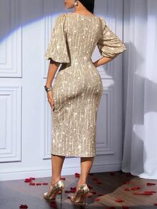 SHEIN Lady 女士纯色亮片船领灯笼袖修身中长连衣裙 - 金色 - 查看 2