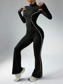 With My Calm 2 件套女士秋冬运动套装，全拉链长袖立领撞色条纹夹克和高腰撞色条纹喇叭裤，适合休闲、跑步、瑜伽、健身 - 黑色 - 查看 2