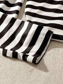 Qadelle 2pcs Women Contrast Stripe Long Sleeve Top And Solid Color Pants Set - Black and White - View 8