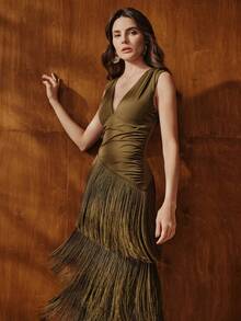 Anewsta 女士新款优雅无袖流苏长裙，蓝色，适合宴会、生日派对、婚礼、秋季、冬季、夏季、新年、聚会、婚礼等场合，优雅、别致、时尚、闪亮连衣裙，圣诞派对礼服 - 墨綠色 - 查看 5