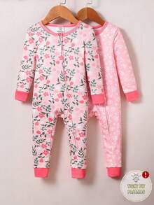 2pcs Baby Girls Floral Print Long Sleeve Jumpsuit & Leggings Set, Snug Fit Casual Outfit, Summer Travel