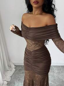 Rafferiza 女士优雅深棕色露肩针织高弹褶皱蕾丝连衣裙 冬季 - 咖啡 - 查看 4