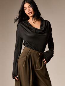 AiiRZ Exaggerated Cowl Neck Long Sleeve Top With Drape Detail For Fall Winter Casual Chic Style - Black - View 1