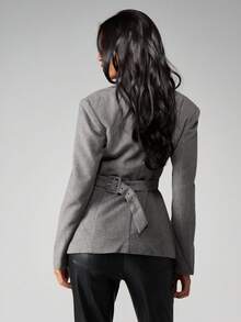 MISSGUIDED Professional Wool Blazer With Tailored Lapels Button Closure And Belt Detail For Office Work - Dark Grey - View 2