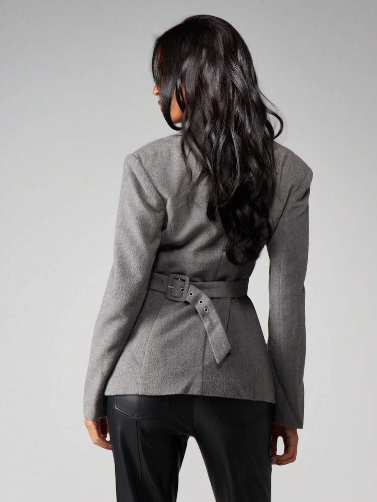 MISSGUIDED Professional Wool Blazer With Tailored Lapels Button Closure And Belt Detail For Office Work