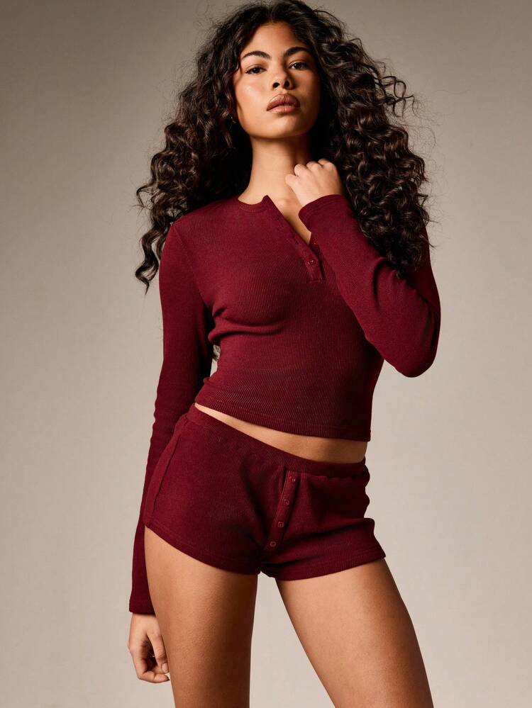 Ribbed Button Front Pajama Set With Shorts