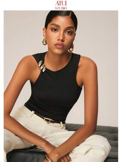 ATUI Studio Damen Asymmetrische Kaltschulter Bluse, sexy & elegante Büro-Lady-Bluse mit Metallknopf-Dekor an der Schulter, modisch für den Arbeitsweg, elegant & sexy, geeignet für Strandurlaub auf Hawaii, Kaltschulter-Design, Bluse, elegantes Damen-Camisole