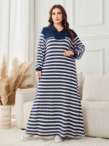 Lacomfia 大码女式休闲罗纹拼接前拉链条纹针织纹理宽松长连衣裙，适合秋冬季穿着 - 彩色 - 查看 6