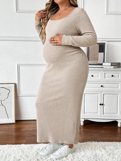 SHEIN Plus Size Solid Color Casual Long Sleeve Maternity Dresses Sexy Maternity Dress Beige Maternity Dress Curve Maternity Clothes