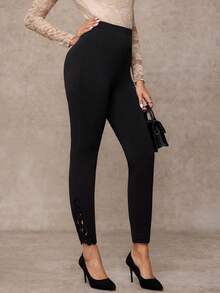 Amorya 女士休闲日常办公通勤纯色高腰撞色蕾丝打底裤 - 黑色 - 查看 6