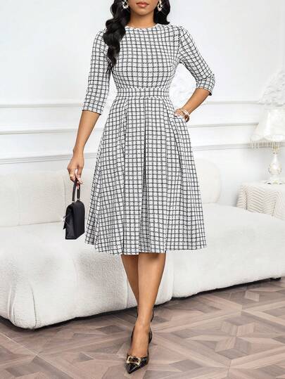 SHEIN Lady Women's Fashionable Plaid Midi Dress For Commuting Checkered Dress Classic Dresses For Women